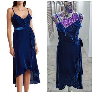 Blue Velvet Ruffle Wrap Midi Dress Sleeveless V-Neck Cocktail Party Wedding Gown